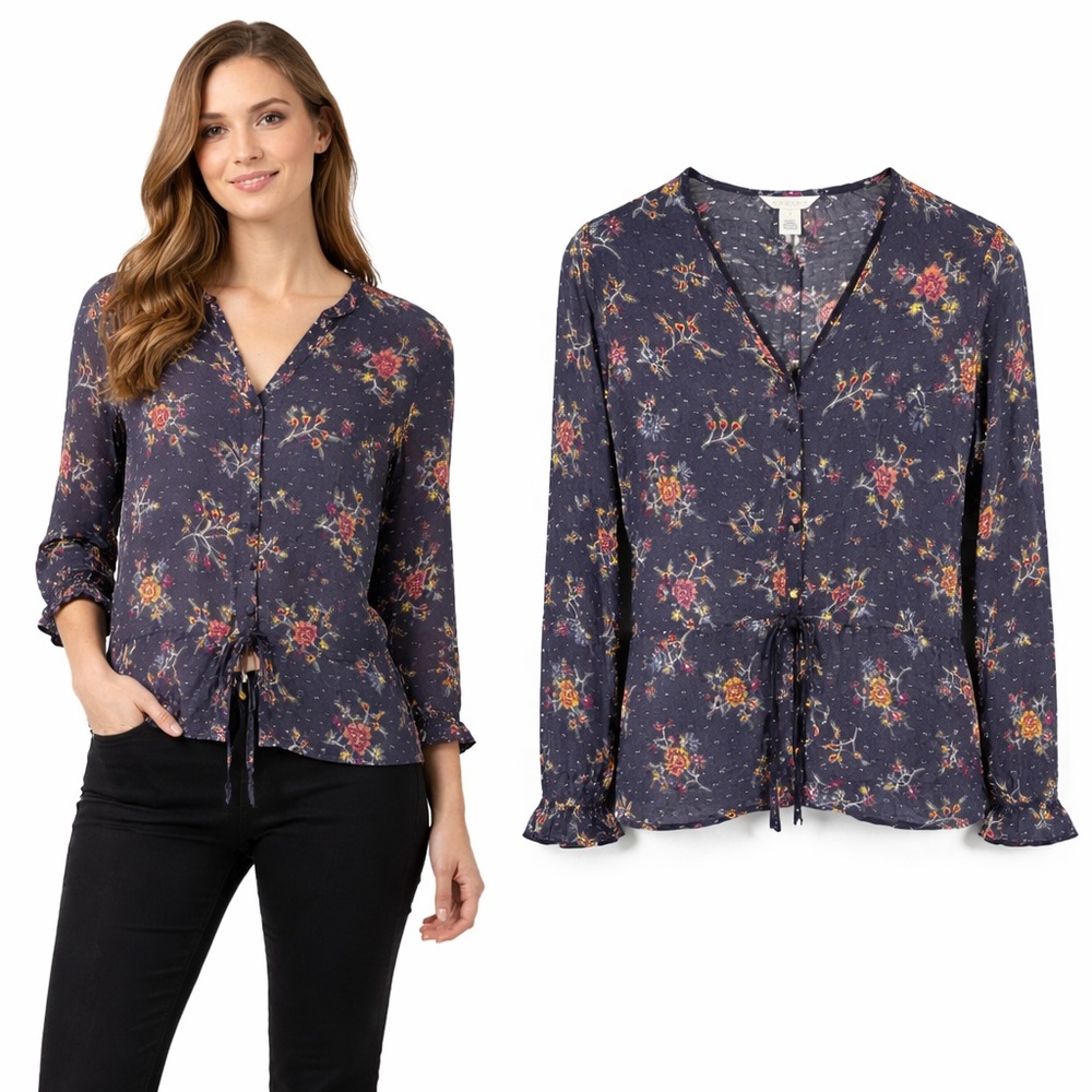 Caslon Navy Floral Long-Sleeve Tie-Front Blouse